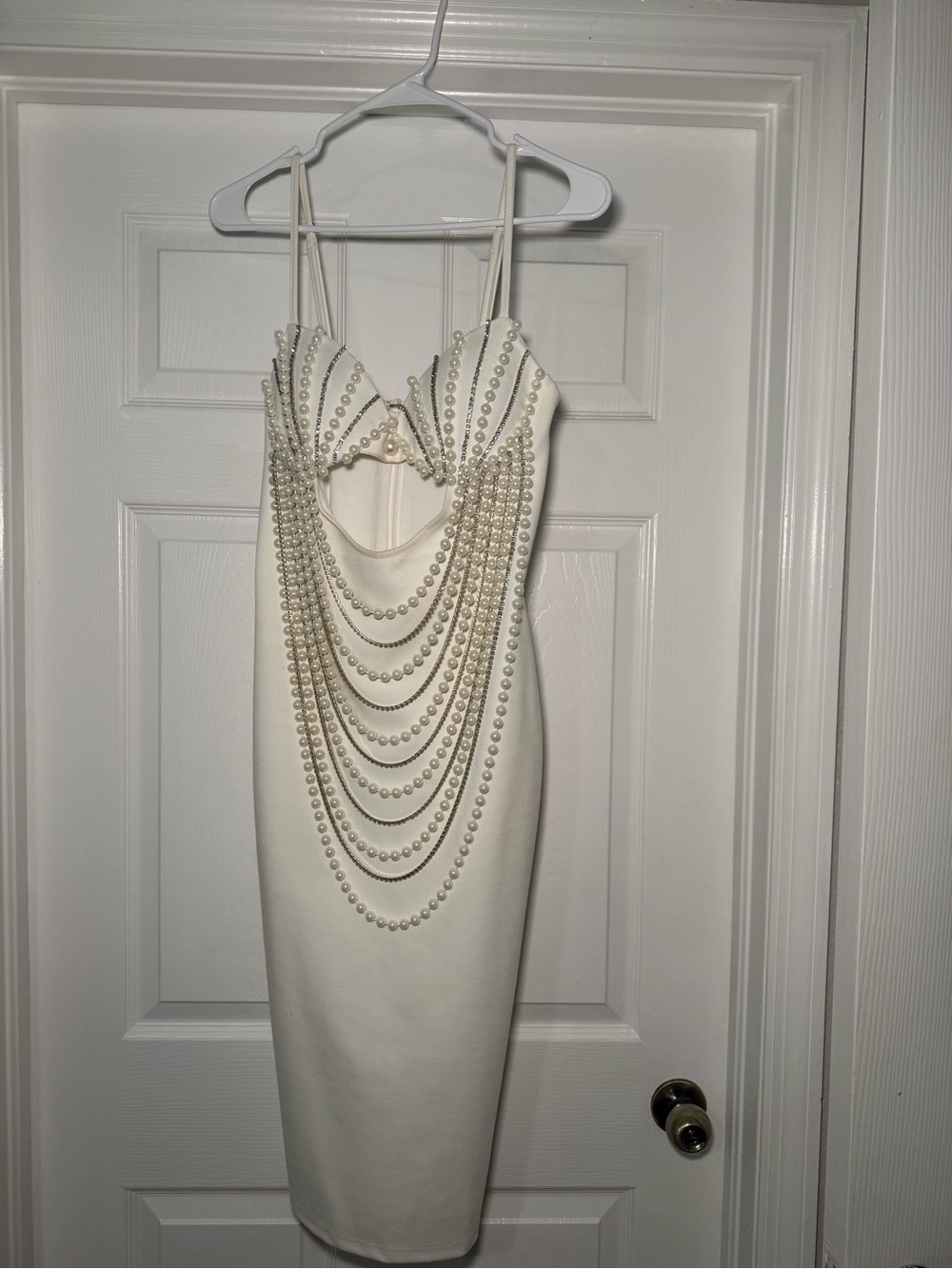 Fashion Nova White Pearl-Chain Midi Bodycon Dress